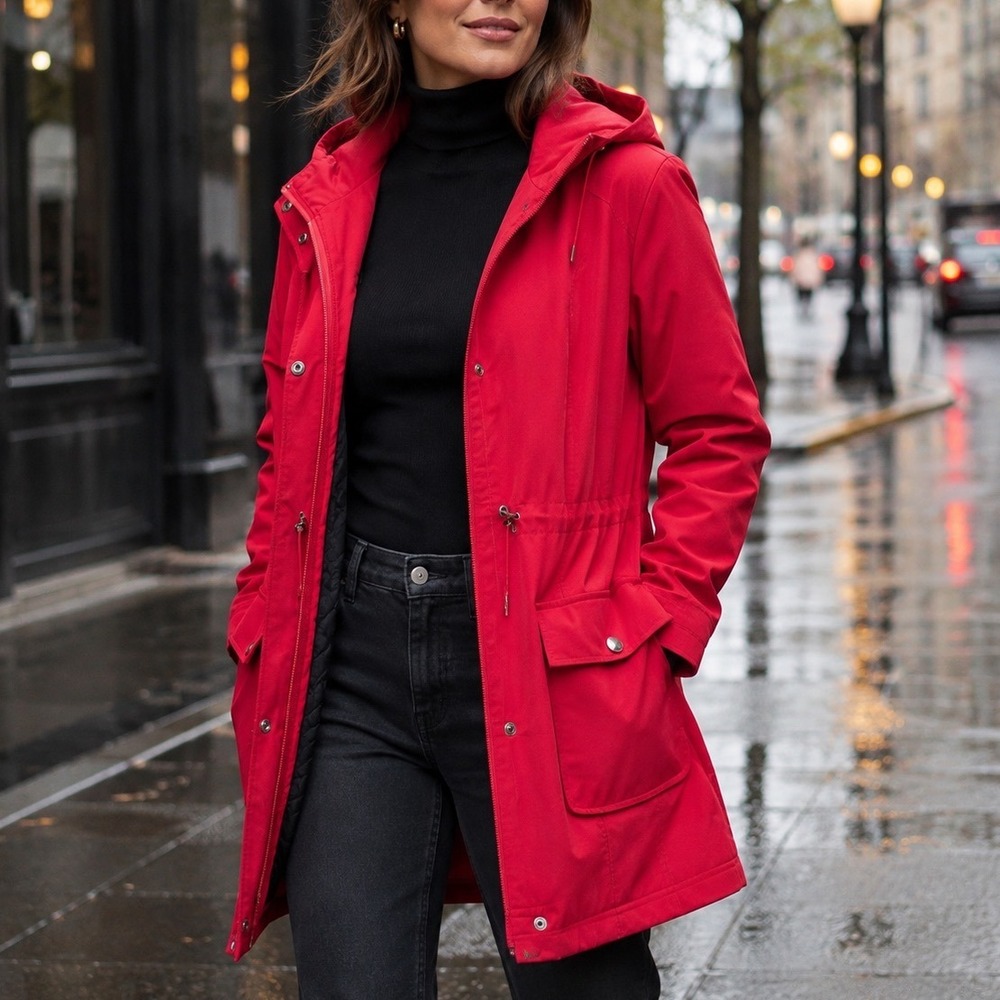 Kristen Blake Red Hooded Utility Rain Jacket Quilted Lining Large